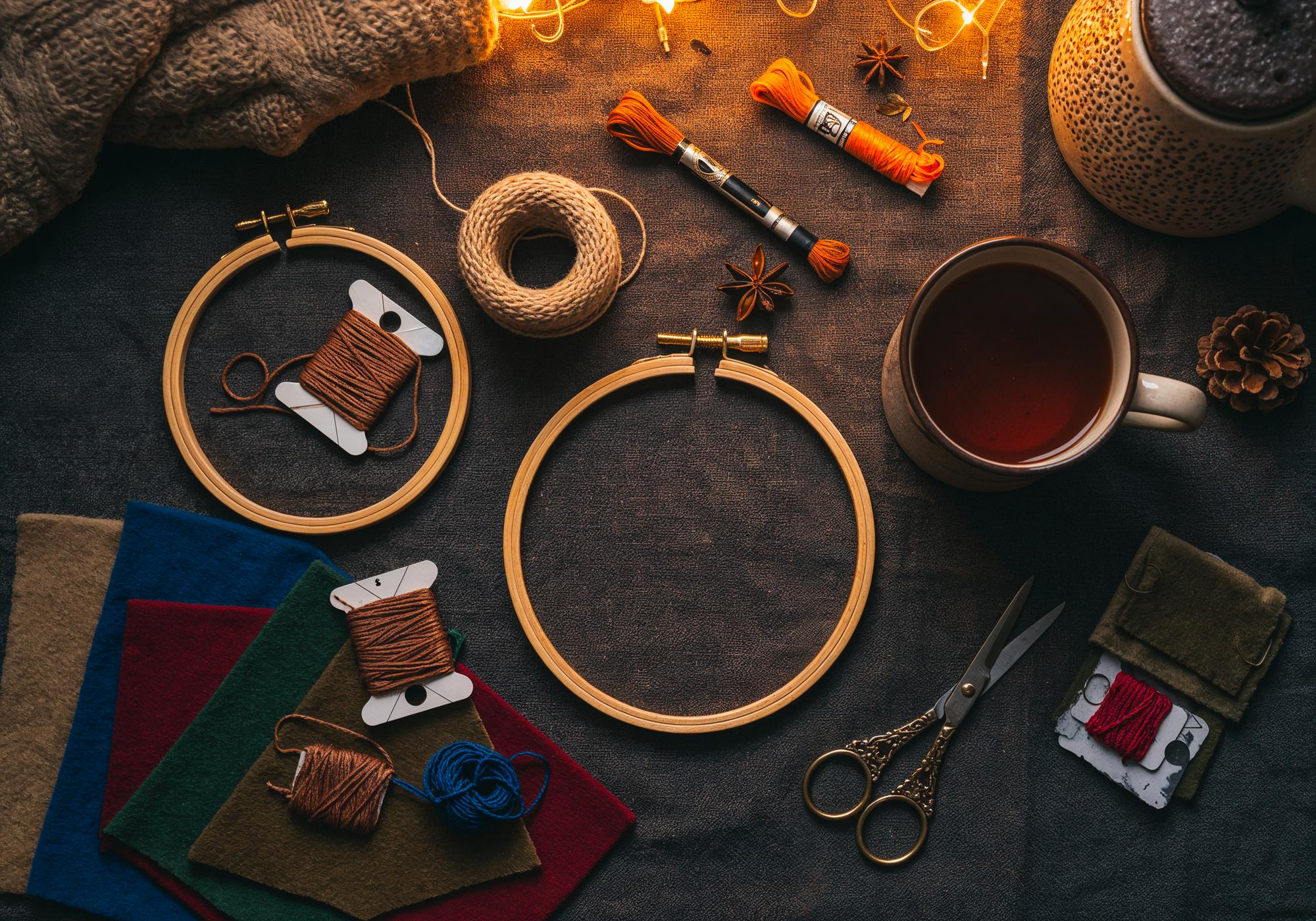 Workshop bench with hoops and threads