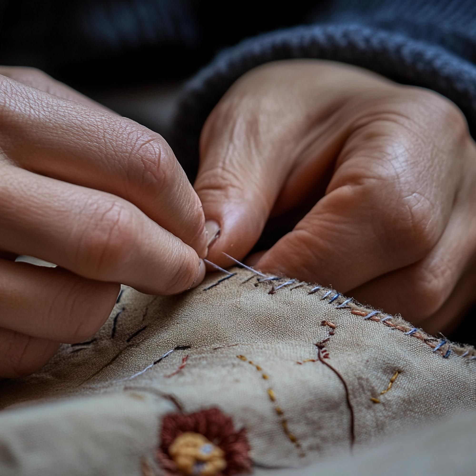 Close-up of artisan hands embroidering a linen patch